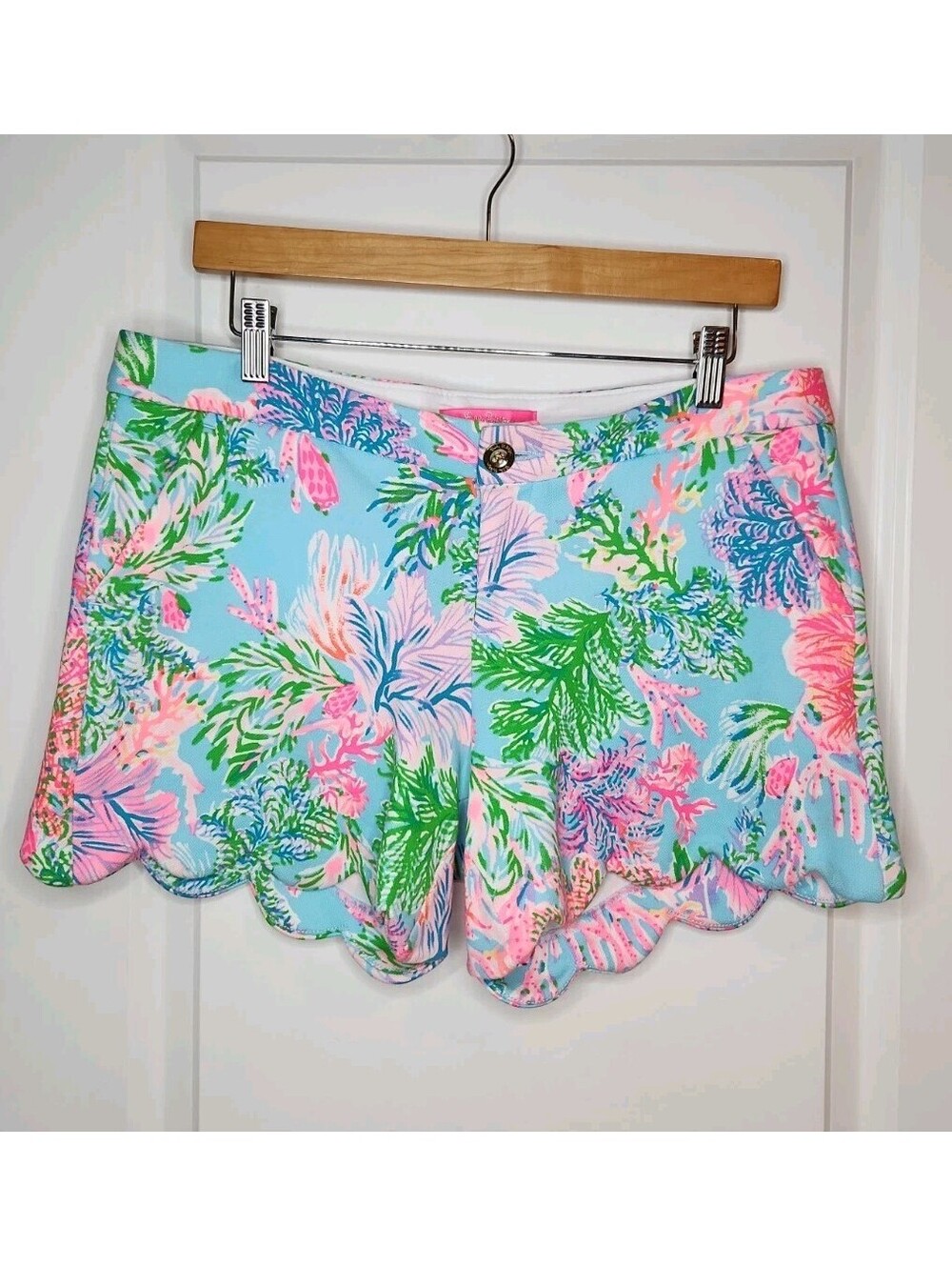 Lilly Pulitzer Buttercup Shorts Coral Bay Pink Blue Women's Size 8 Scalloped